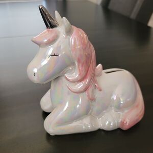 Ceramic Unicorn Piggy Bank Iridescent White & Pink Decor Mythical Bday Gift